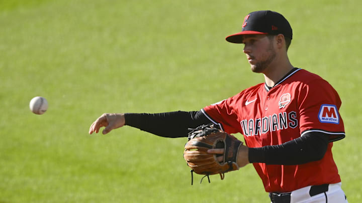 May 26, 2025; Cleveland, Ohio, USA; Cleveland Guardians second baseman Will Wilson (7) throws to first base in the second inning against the Los Angeles Dodgers at Progressive Field. Mandatory Credit: David Richard-Imagn Images