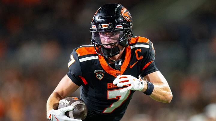 Oregon State's Trent Walker runs after the catch during an NCAA football game against California at Reser Stadium on Saturday, Aug. 30, 2025, in Corvallis, Ore. Oregon State's Trent Walker runs after the catch during an NCAA football game against California at Reser Stadium on Saturday, Aug. 30, 2025, in Corvallis, Ore.