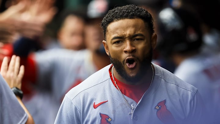 Apr 30, 2025; Cincinnati, Ohio, USA; St. Louis Cardinals outfielder Victor Scott II (11) reacts after hitting a three-run home run in the ninth inning against the Cincinnati Reds at Great American Ball Park. Mandatory Credit: Katie Stratman-Imagn Images