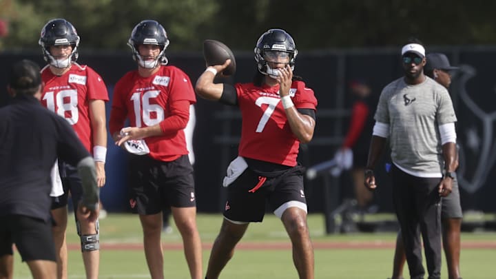 Jul 24, 2025; Houston, TX, USA; Houston Texans quarterback C.J. Stroud (7) during training camp at Houston Methodist Training Center. Mandatory Credit: Troy Taormina-Imagn Images