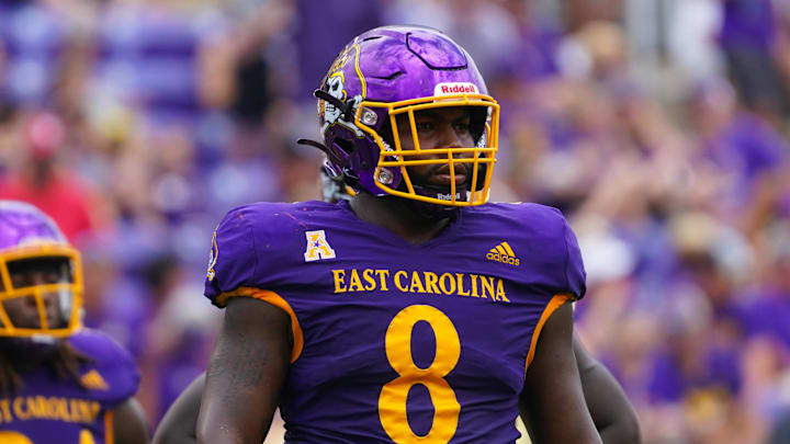 Sep 3, 2022; Greenville, North Carolina, USA;  East Carolina Pirates defensive lineman Immanuel Hickman (8) looks on against the North Carolina State Wolfpack during the second half at Dowdy-Ficklen Stadium. Mandatory Credit: James Guillory-Imagn Images