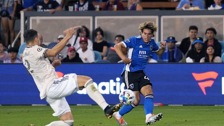 Aug 20, 2022; San Jose, California, USA; San Jose Earthquakes forward Cade Cowell (44) shoots the