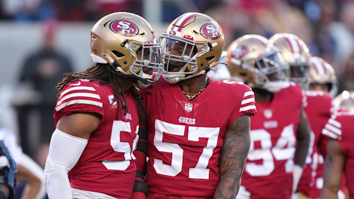 Jan 22, 2023; Santa Clara, California, USA; San Francisco 49ers linebacker Fred Warner (54) and linebacker Dre Greenlaw (57) celebrate after a stop during the first quarter of a NFC divisional round game against the Dallas Cowboys at Levi's Stadium. Mandatory Credit: Kyle Terada-Imagn Images Jan 22, 2023; Santa Clara, California, USA; San Francisco 49ers linebacker Fred Warner (54) and linebacker Dre Greenlaw (57) celebrate after a stop during the first quarter of a NFC divisional round game against the Dallas Cowboys at Levi's Stadium. Mandatory Credit: Kyle Terada-Imagn Images
