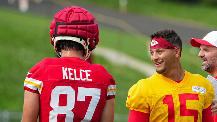 Jul 22, 2025; St. Joseph, MO, USA; Kansas City Chiefs quarterback Patrick Mahomes (15) laughs with tight end Travis Kelce (87) during training camp at Missouri Western State University. Mandatory Credit: Denny Medley-Imagn Images Jul 22, 2025; St. Joseph, MO, USA; Kansas City Chiefs quarterback Patrick Mahomes (15) laughs with tight end Travis Kelce (87) during training camp at Missouri Western State University. Mandatory Credit: Denny Medley-Imagn Images