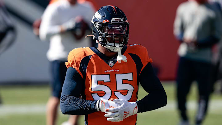 Nov 1, 2020; Denver, Colorado, USA; Denver Broncos outside linebacker Bradley Chubb (55) before the game against the Los Angeles Chargers at Empower Field at Mile High.