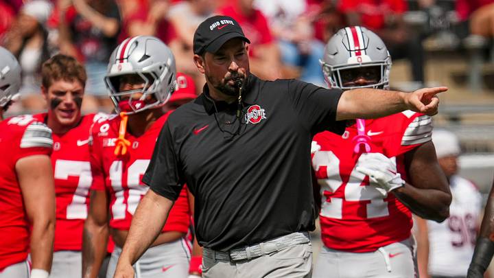 Ohio State Buckeyes head coach Ryan Day leads warm ups prior to the NCAA football game against the Ball State Cardinals at Ohio Stadium in Columbus on Sept. 5, 2026. Ohio State won 56-3.