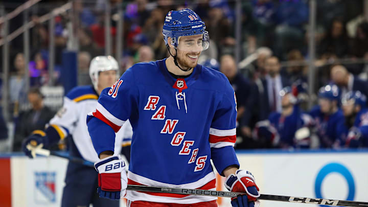 Nov 25, 2024; New York, New York, USA; New York Rangers right wing Reilly Smith (91) smiles during the third period against the St. Louis Blues at Madison Square Garden. Mandatory Credit: Danny Wild-Imagn Images