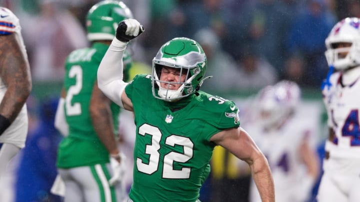 Nov 26, 2023; Philadelphia, Pennsylvania, USA; Philadelphia Eagles safety Reed Blankenship (32) reacts after a stop on third down against the Buffalo Bills. Nov 26, 2023; Philadelphia, Pennsylvania, USA; Philadelphia Eagles safety Reed Blankenship (32) reacts after a stop on third down against the Buffalo Bills.