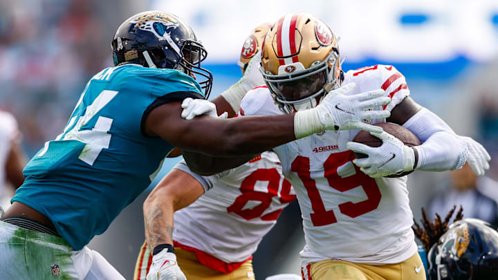 Nov 21, 2021; Jacksonville, Florida, USA; San Francisco 49ers wide receiver Deebo Samuel (19) runs past Jacksonville Jaguars linebacker Myles Jack (44) for a touchdown in the first half at TIAA Bank Field. Mandatory Credit: Nathan Ray Seebeck-Imagn Images Nov 21, 2021; Jacksonville, Florida, USA; San Francisco 49ers wide receiver Deebo Samuel (19) runs past Jacksonville Jaguars linebacker Myles Jack (44) for a touchdown in the first half at TIAA Bank Field. Mandatory Credit: Nathan Ray Seebeck-Imagn Images
