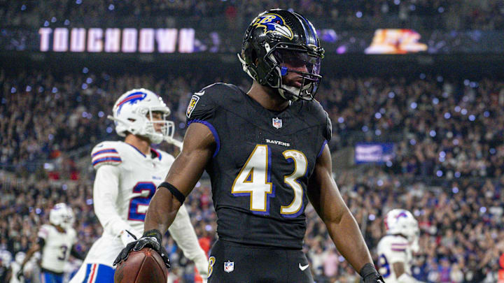 Sep 29, 2024; Baltimore, Maryland, USA; Baltimore Ravens running back Justice Hill (43) celebrates after scoring a second quarter touchdown against the Buffalo Bills at M&T Bank Stadium. Mandatory Credit: Tommy Gilligan-Imagn Images Sep 29, 2024; Baltimore, Maryland, USA; Baltimore Ravens running back Justice Hill (43) celebrates after scoring a second quarter touchdown against the Buffalo Bills at M&T Bank Stadium. Mandatory Credit: Tommy Gilligan-Imagn Images