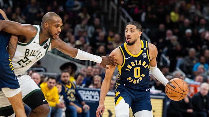 Jan 3, 2024; Indianapolis, Indiana, USA; Indiana Pacers guard Tyrese Haliburton (0) dribbles the