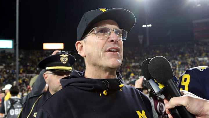 Jan 1, 2024; Pasadena, CA, USA; Michigan Wolverines head coach Jim Harbaugh talks to media on field