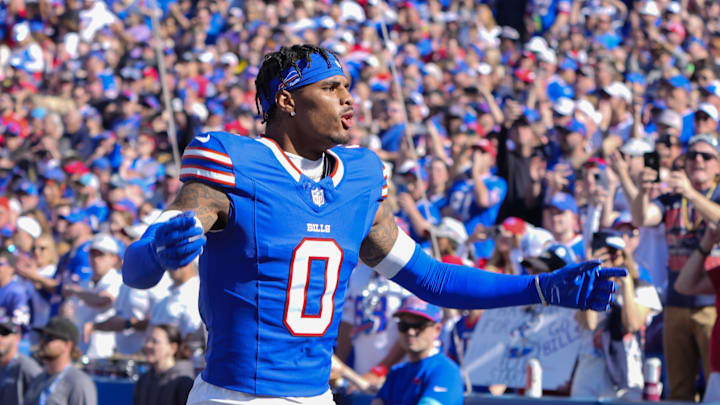 Buffalo Bills wide receiver Keon Coleman (0) is introduced prior to the game against the Tennessee Titans at Highmark Stadium. Buffalo Bills wide receiver Keon Coleman (0) is introduced prior to the game against the Tennessee Titans at Highmark Stadium.