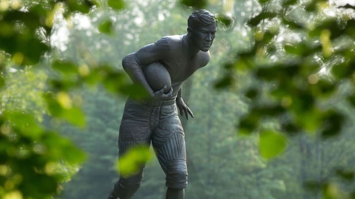 Jim Thorpe, PA, USA; A statue of Jim Thorpe at the Jim Thorpe Memorial park shows him as a football player. He also played big-league baseball and was an Olympian.