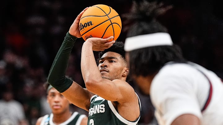 Michigan State guard Jaden Akins (3) attempts a free throw against Auburn during the first half of the Elite Eight round of NCAA tournament at State Farm Arena in Atlanta, Ga. on Sunday, March 30, 2025.