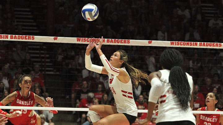 Wisconsin setter Charlie Fuerbringer prepares to make a pass during the team's exhibition match with Bradley at the UW Field House in Madison, Wisconsin on Tuesday Aug. 20, 2024.