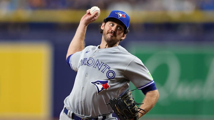 Toronto Blue Jays relief pitcher Jordan Romano (68) throws a pitch  against the Tampa Bay Rays in the ninth inning at Tropicana Field in 2023.