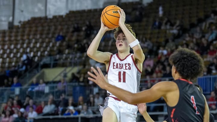 Weatherford jumps to pass during the semifinals of the OSSAA 4A high school boys basketball tournament between Weatherford and North Rock Creek at State Fair Arena in Oklahoma City, on Friday, March 14, 2025.