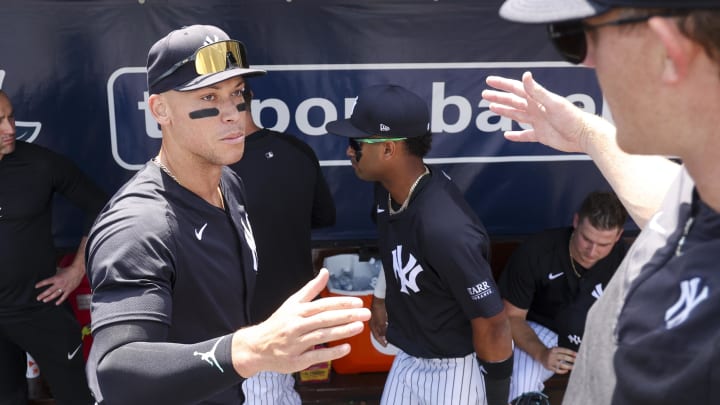 Mar 25, 2024; Tampa, Florida, USA; New York Yankees center fielder Aaron Judge (99) gets ready for Mar 25, 2024; Tampa, Florida, USA; New York Yankees center fielder Aaron Judge (99) gets ready for