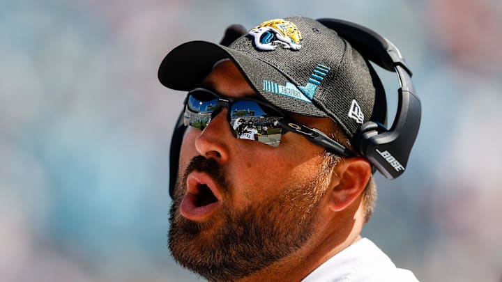 Sep 26, 2021; Jacksonville, Florida, USA;  Jacksonville Jaguars tight ends coach Tyler Bowen looks on during the third quarter in a game against the Arizona Cardinals at TIAA Bank Field. Mandatory Credit: Nathan Ray Seebeck-Imagn Images