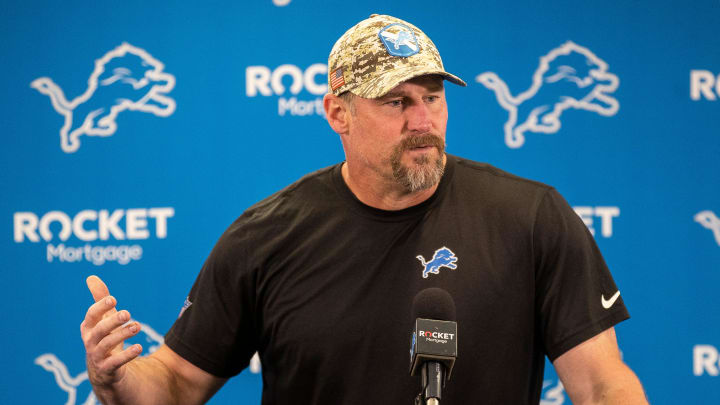 Detroit Lions head coach Dan Campbell answers a question during availability before OTA at Detroit Lions headquarters and training facility in Allen Park on Thursday, May 30, 2024. Detroit Lions head coach Dan Campbell answers a question during availability before OTA at Detroit Lions headquarters and training facility in Allen Park on Thursday, May 30, 2024.