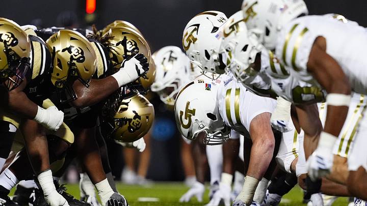Aug 29, 2025; Boulder, Colorado, USA; Members of the Colorado Buffaloes line across from the Georgia Tech Yellow Jackets during the fourth quarter at Folsom Field. Mandatory Credit: Ron Chenoy-Imagn Images Aug 29, 2025; Boulder, Colorado, USA; Members of the Colorado Buffaloes line across from the Georgia Tech Yellow Jackets during the fourth quarter at Folsom Field. Mandatory Credit: Ron Chenoy-Imagn Images