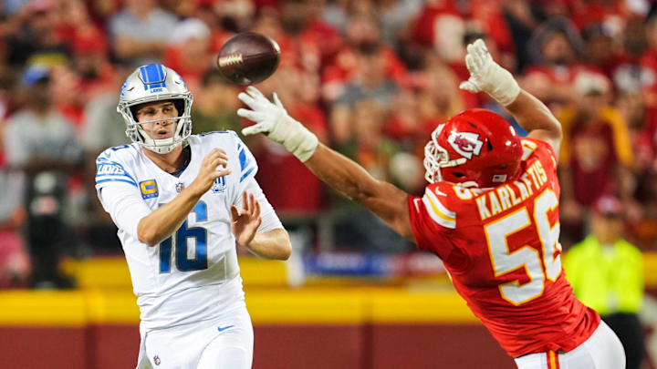 Lions quarterback Jared Goff against the Chiefs in 2023 Lions quarterback Jared Goff against the Chiefs in 2023