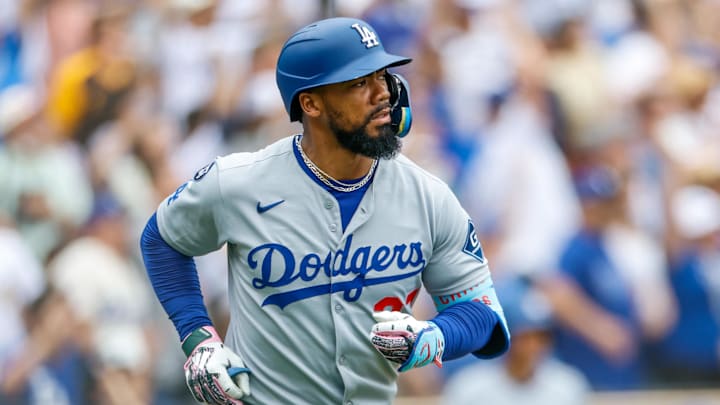 Jun 11, 2025; San Diego, California, USA; Los Angeles Dodgers right fielder Teoscar Hernandez (37) hits a three run home run during the sixth inning against the San Diego Padres at Petco Park. Mandatory Credit: David Frerker-Imagn Images