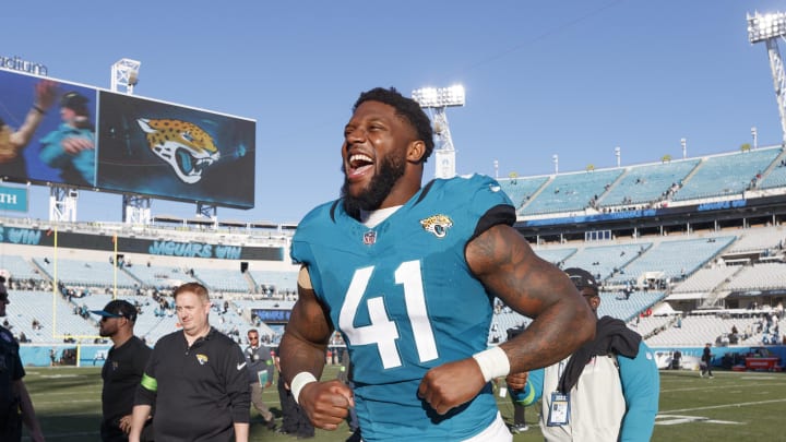 Dec 31, 2023; Jacksonville, Florida, USA; Jacksonville Jaguars outside linebacker Josh Allen (41) celebrates the win against the Carolina Panthers at EverBank Stadium. Mandatory Credit: Morgan Tencza-USA TODAY Sports