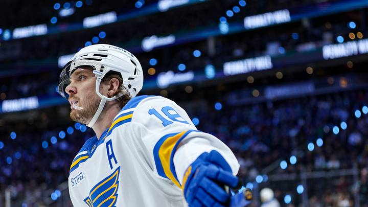 Mar 4, 2026; Seattle, Washington, USA; St. Louis Blues center Robert Thomas (18) looks on in first period against the Seattle Kraken at Climate Pledge Arena. Mandatory Credit: Kevin Ng-Imagn Images