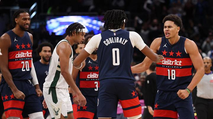 Oct 21, 2026; Washington, District of Columbia, USA; Washington Wizards forward Kyshawn George (18) celebrates with Wizards guard Bilal Coulibaly (0) after a dunk against the Milwaukee Bucks in the fourth quarter at Capital One Arena. Mandatory Credit: Geoff Burke-Imagn Images Oct 21, 2026; Washington, District of Columbia, USA; Washington Wizards forward Kyshawn George (18) celebrates with Wizards guard Bilal Coulibaly (0) after a dunk against the Milwaukee Bucks in the fourth quarter at Capital One Arena. Mandatory Credit: Geoff Burke-Imagn Images