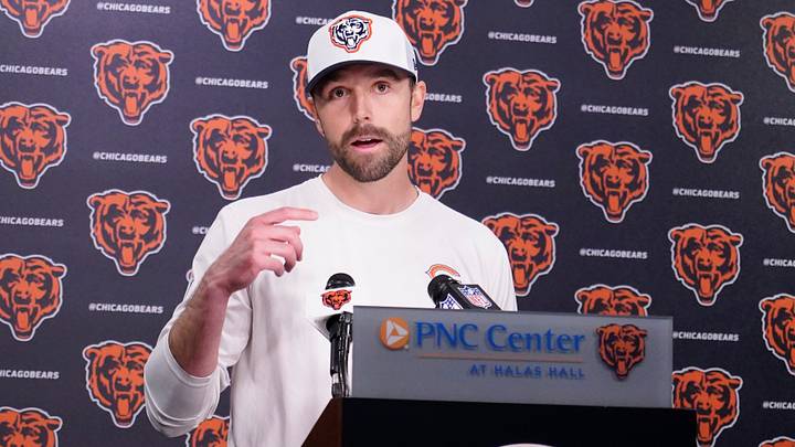 May 10, 2025; Lake Forest, IL, USA; Chicago Bears offensive coordinator Declan Doyle answers questions after rookie minicamp at Halas Hall. Mandatory Credit: David Banks-Imagn Images May 10, 2025; Lake Forest, IL, USA; Chicago Bears offensive coordinator Declan Doyle answers questions after rookie minicamp at Halas Hall. Mandatory Credit: David Banks-Imagn Images