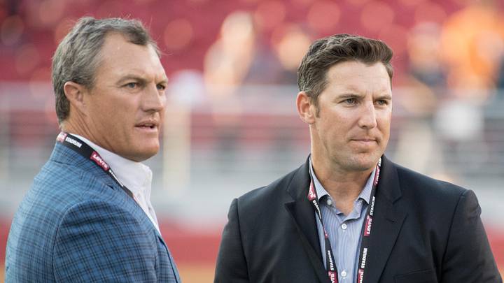 Santa Clara, CA, USA; San Francisco 49ers general manager John Lynch (left) and vice president of player personnel Adam Peters (right) before the game against the Denver Broncos at Levi's Stadium. The Broncos defeated the 49ers 33-14. Mandatory Credit: Kyle Terada-Imagn Images