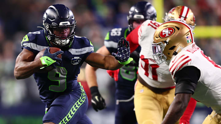 Jan 17, 2026; Seattle, WA, USA; Seattle Seahawks running back Kenneth Walker III (9) carries the ball against the San Francisco 49ers during the second half in an NFC Divisional Round game at Lumen Field. Mandatory Credit: Kevin Ng-Imagn Images