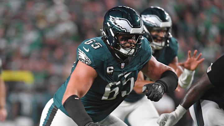 Philadelphia Eagles offensive tackle Lane Johnson (65) blocks against the Atlanta Falcons at Lincoln Financial Field. Philadelphia Eagles offensive tackle Lane Johnson (65) blocks against the Atlanta Falcons at Lincoln Financial Field.