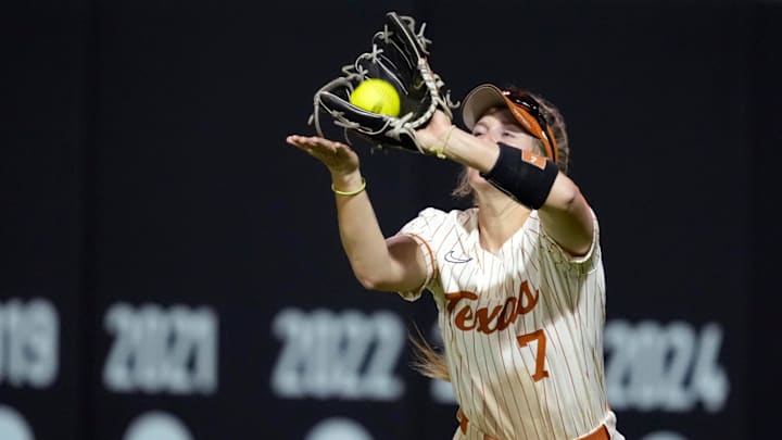 Texas outfielder Ashton Maloney (7) catches the ball for an out in the sixth inning of an NCAA softball game between the University of Oklahoma State Cowgirls and the Texas Longhorns in Stillwater, Okla., Wednesday, April 23, 2025. Texas won 1-0.