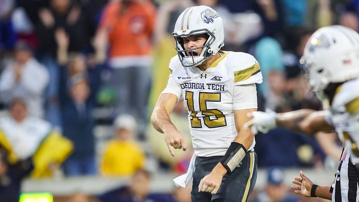 Oct 10, 2026; Atlanta, Georgia, USA; Georgia Tech Yellow Jackets quarterback Alberto Mendoza (15) celebrates after a touchdown against the Duke Blue Devils in the fourth quarter at Bobby Dodd Stadium at Hyundai Field. Mandatory Credit: Brett Davis-Imagn Images Oct 10, 2026; Atlanta, Georgia, USA; Georgia Tech Yellow Jackets quarterback Alberto Mendoza (15) celebrates after a touchdown against the Duke Blue Devils in the fourth quarter at Bobby Dodd Stadium at Hyundai Field. Mandatory Credit: Brett Davis-Imagn Images