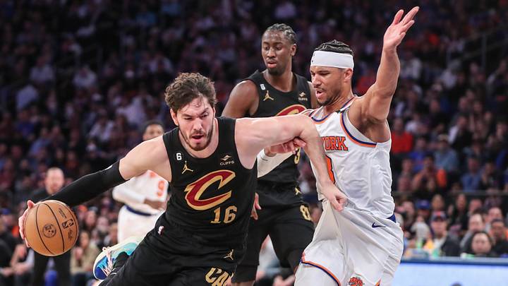 Apr 23, 2023; New York, New York, USA; Cleveland Cavaliers forward Cedi Osman (16) looks to drive against New York Knicks guard Josh Hart (3) during game four of the 2023 NBA playoffs at Madison Square Garden. Mandatory Credit: Wendell Cruz-USA TODAY Sports Apr 23, 2023; New York, New York, USA; Cleveland Cavaliers forward Cedi Osman (16) looks to drive against New York Knicks guard Josh Hart (3) during game four of the 2023 NBA playoffs at Madison Square Garden. Mandatory Credit: Wendell Cruz-USA TODAY Sports