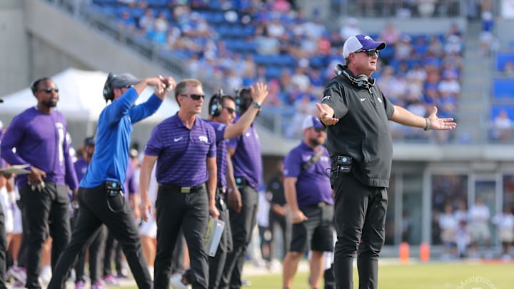 Sep. 21, 2024- TCU head coach Sonny Dykes arguing with a referee in a loss to SMU at Gerald J. Ford Stadium.