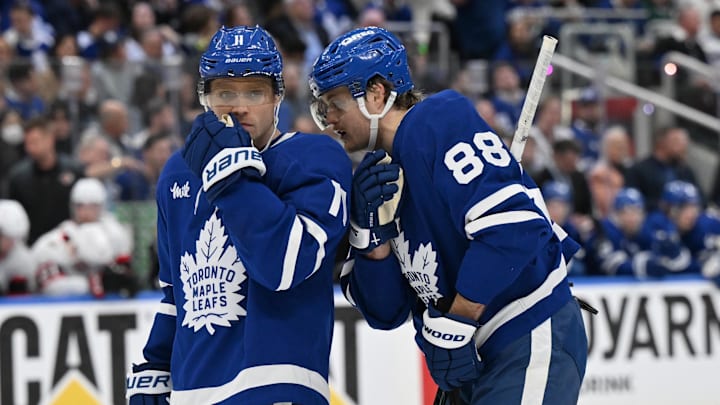 Apr 22, 2025; Toronto, Ontario, CAN;  Toronto Maple Leafs forward William Nylander (88) speaks to forward Max Domi (11) as they prepare for a faceoff against the Ottawa Senators in the third period in game two of the first round of the 2025 Stanley Cup Playoffs at Scotiabank Arena. Mandatory Credit: Dan Hamilton-Imagn Images