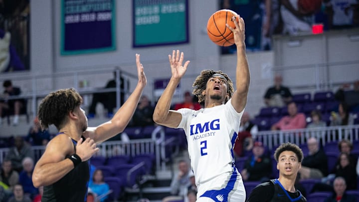 Amari Allen of IMG Academy goes up for a layup against Richmond Heights in the City of Palms Classic on Wednesday, Dec. 20, 2023, at Suncoast Credit Union Arena in Fort Myers.