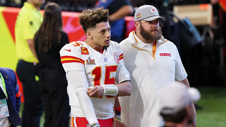 Feb 9, 2025; New Orleans, LA, USA; Kansas City Chiefs quarterback Patrick Mahomes (15) walks off the field after losing against the Philadelphia Eagles in Super Bowl LIX at Caesars Superdome. Mandatory Credit: Bill Streicher-Imagn Images