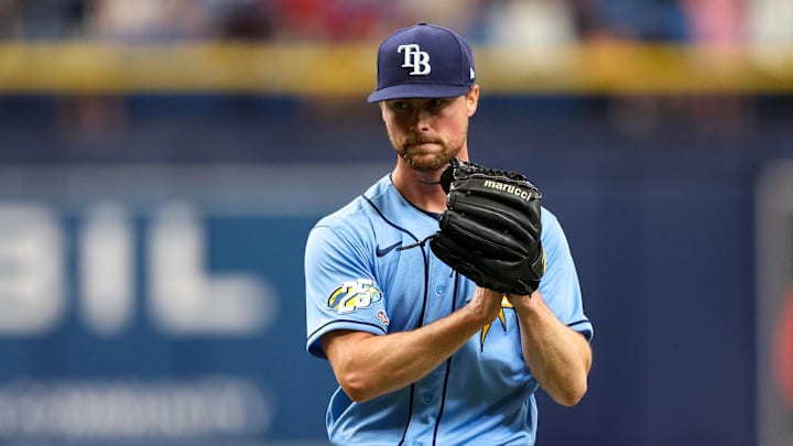 Apr 13, 2023; St. Petersburg, Florida, USA;  Tampa Bay Rays relief pitcher Braden Bristo (54) reacts
