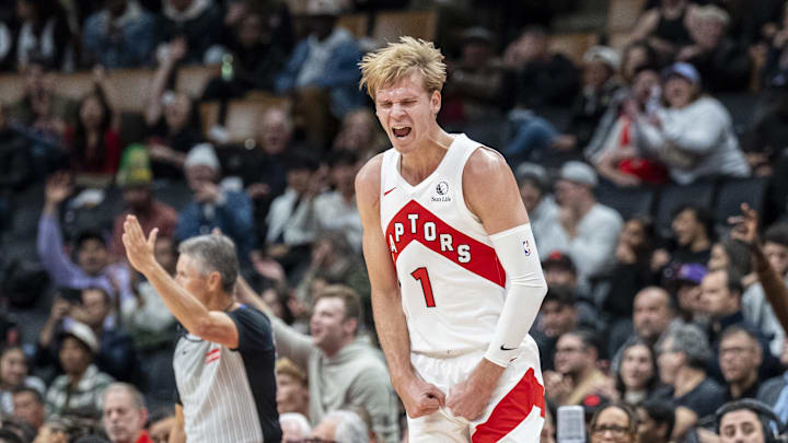 Oct 15, 2024; Toronto, Ontario, CAN; Toronto Raptors guard Gradey Dick (1) reacts after scoring against the Boston Celtics during the first half at Scotiabank Arena. Mandatory Credit: Kevin Sousa-Imagn Images