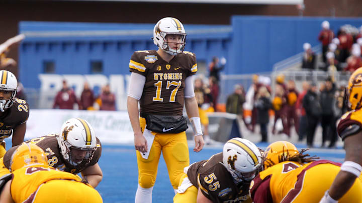 Dec 22, 2017; Boise, ID, USA; Wyoming Cowboys quarterback Josh Allen (17) during the first half  in the 2017 Potato Bowl versus Central Michigan Chippewas at Albertsons Stadium