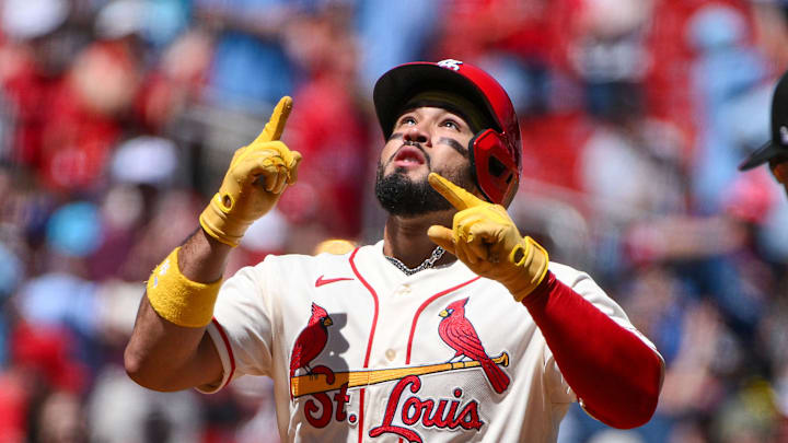 Apr 25, 2026; St. Louis, Missouri, USA; St. Louis Cardinals designated hitter Ivan Herrera (48) reacts after hitting a solo home run against the Seattle Mariners during the first inning at Busch Stadium. Mandatory Credit: Jeff Curry-Imagn Images