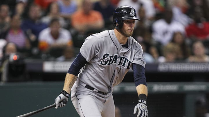 Seattle Mariners right fielder Michael Saunders (55) reaches on an error during the fourth inning against the Houston Astros at Minute Maid Park in 2014. Seattle Mariners right fielder Michael Saunders (55) reaches on an error during the fourth inning against the Houston Astros at Minute Maid Park in 2014.