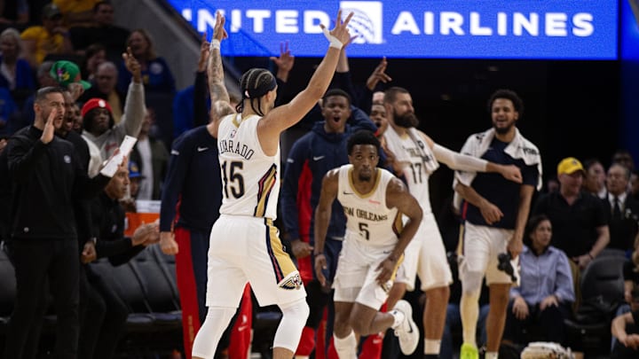Apr 12, 2024; San Francisco, California, USA; New Orleans Pelicans guard Jose Alvarado (15) celebrates his three-point basket against the Golden State Warriors during the fourth quarter at Chase Center.