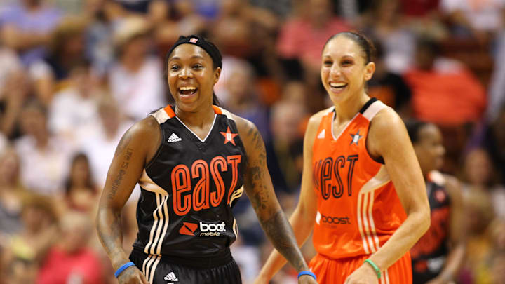 Jul 27, 2013; Uncasville, CT, USA; Eastern Conference guard Cappie Pondexter (23) of the New York Liberty and Western Conference guard Diana Taurasi (03) of the Phoenix Mercury smile during the 2013 WNBA All Star Game at Mohegan Sun Arena. Mandatory Credit: Danny Wild-Imagn Images Jul 27, 2013; Uncasville, CT, USA; Eastern Conference guard Cappie Pondexter (23) of the New York Liberty and Western Conference guard Diana Taurasi (03) of the Phoenix Mercury smile during the 2013 WNBA All Star Game at Mohegan Sun Arena. Mandatory Credit: Danny Wild-Imagn Images