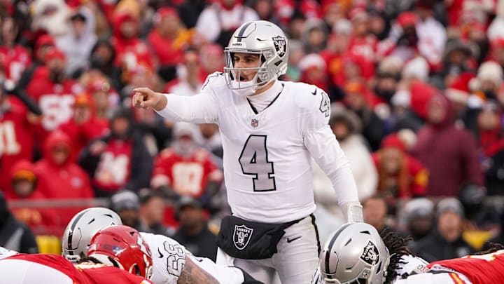Dec 25, 2023; Kansas City, Missouri, USA; Las Vegas Raiders quarterback Aidan O'Connell (4) gestures at the line of scrimmage against the Kansas City Chiefs during the second half at GEHA Field at Arrowhead Stadium. Mandatory Credit: Denny Medley-USA TODAY Sports